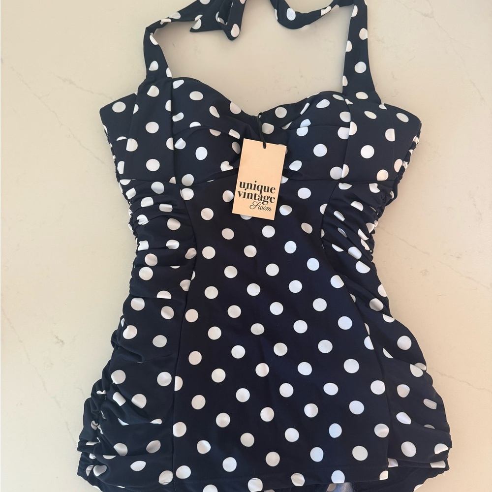 Unique Vintage White and Blue Polka Dot One Piece Swimsuit